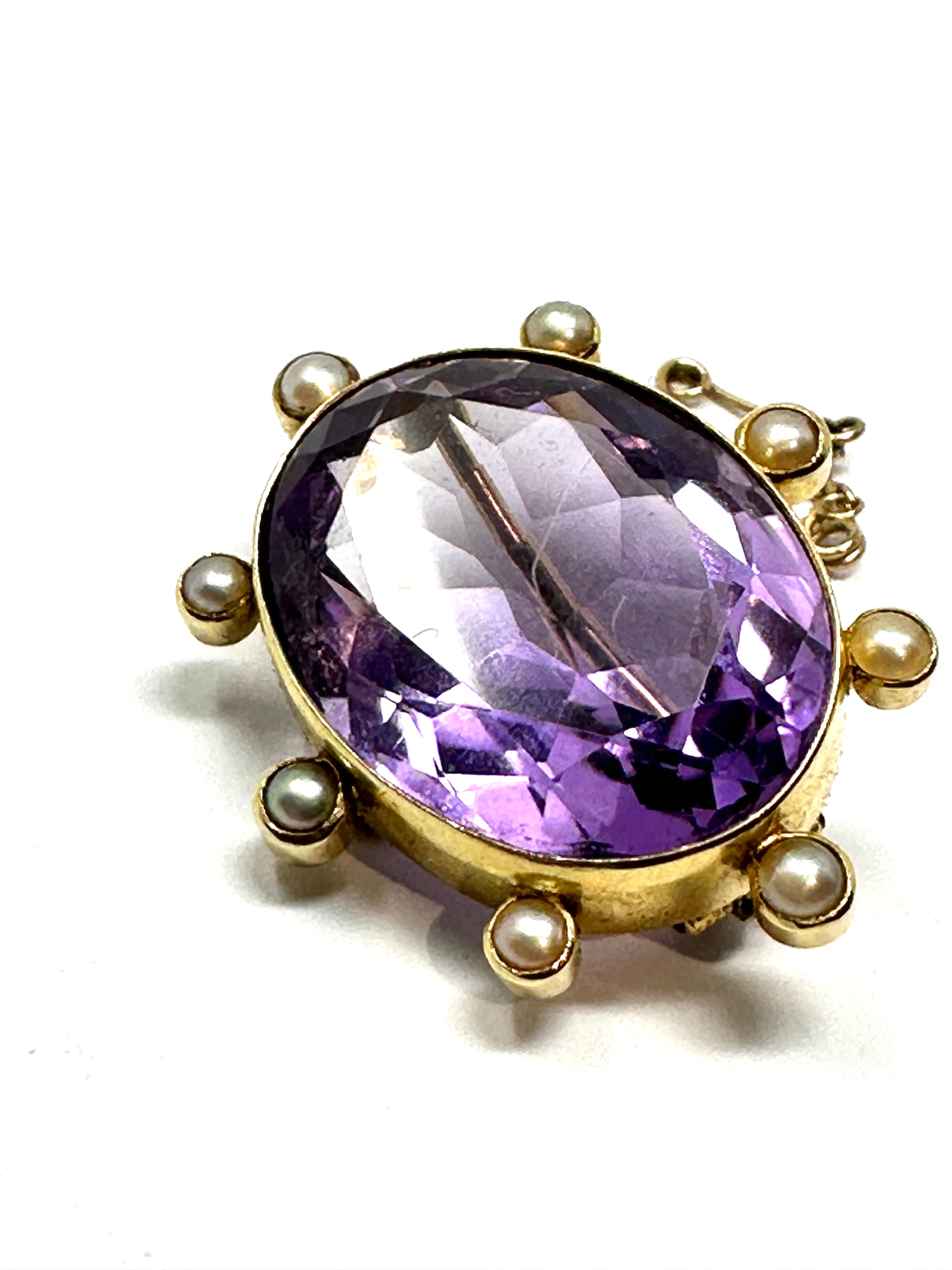 Fine gold amethyst & seed pearl brooch measures approx 2.8cm by 2.3cm weight 8.1g not hallmarked - Image 2 of 4