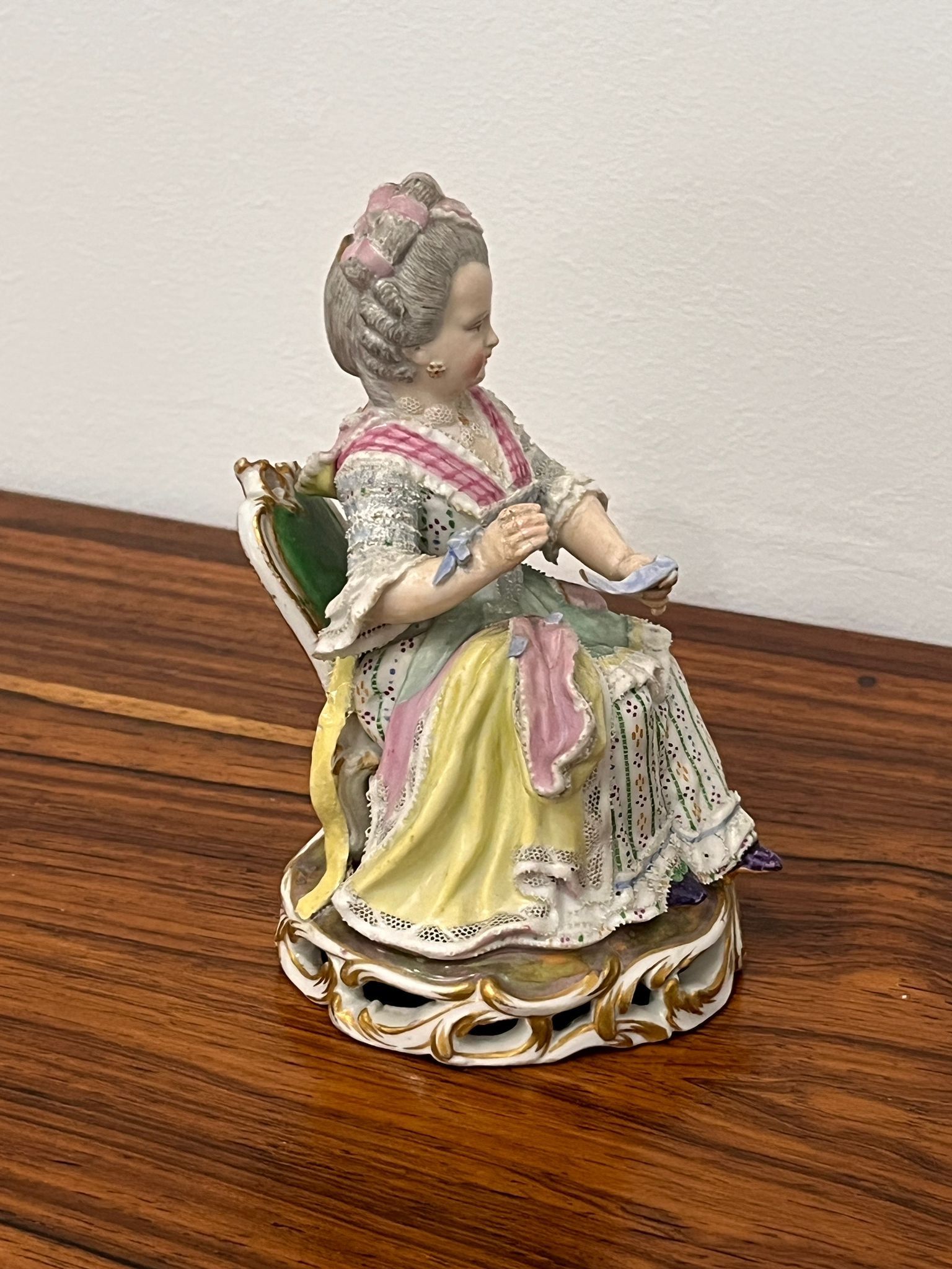 Antique Meissen figure of a lady sitting on a chair 19th century height approx 13cm - Image 3 of 4