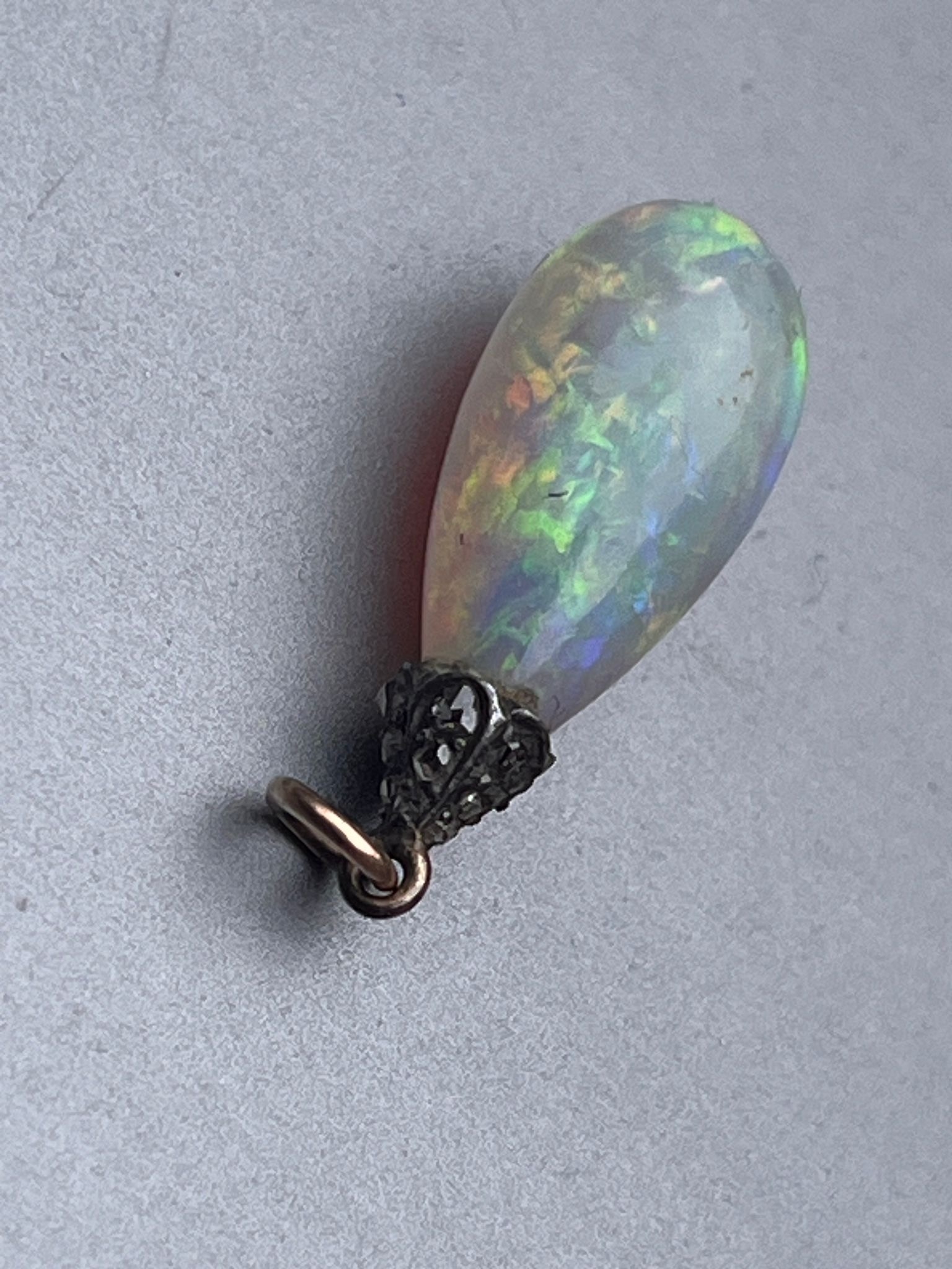 Fine antique rose cut diamond opal dropper pendant .mount set with rose cut diamonds the fiery