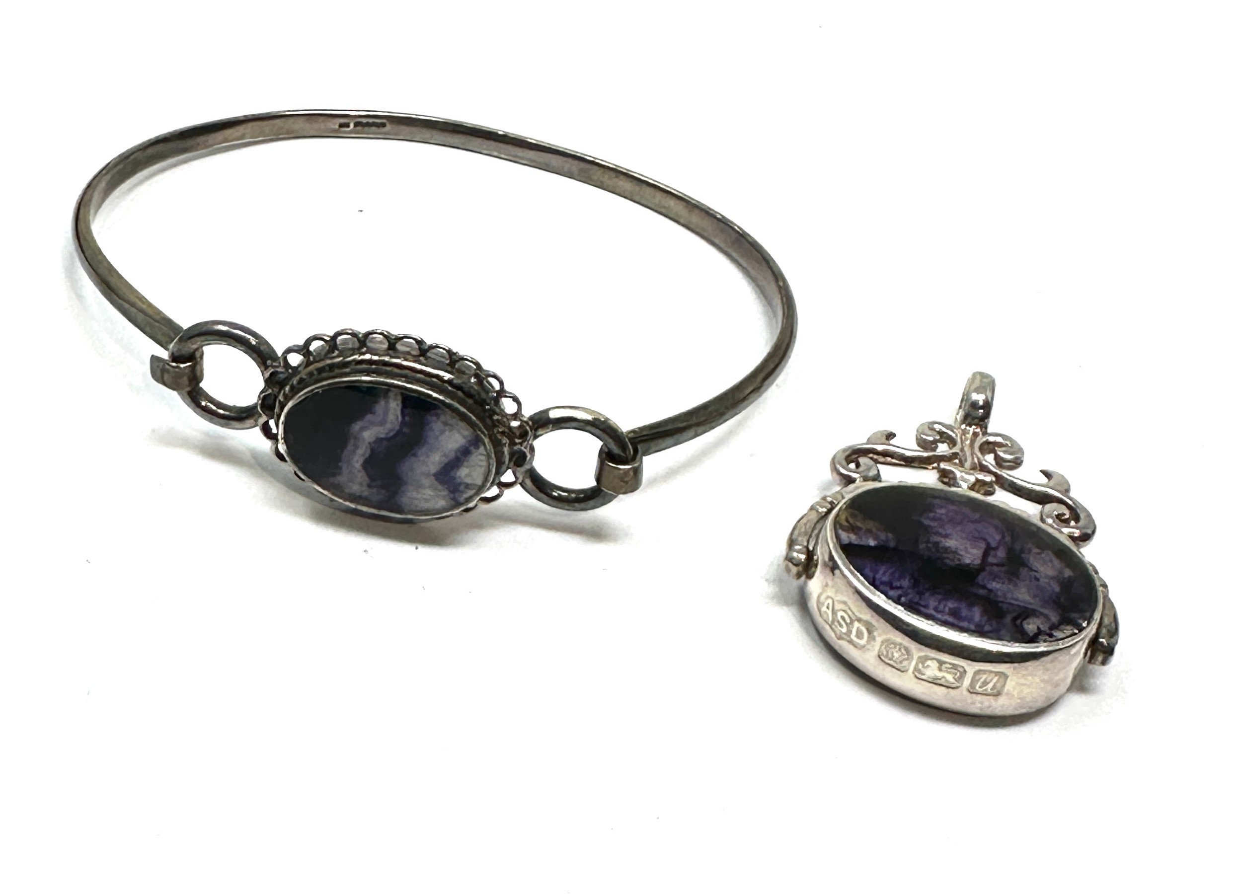 Vintage silver & blue john bracelet & swivel fob weight 27g