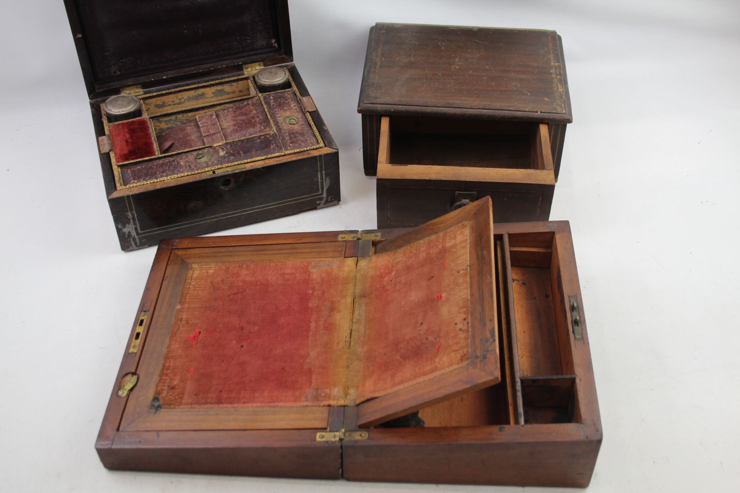 Wooden Box Job Lot Antique Writing Boxes Inlay Gilt Leather For Restoration x 3