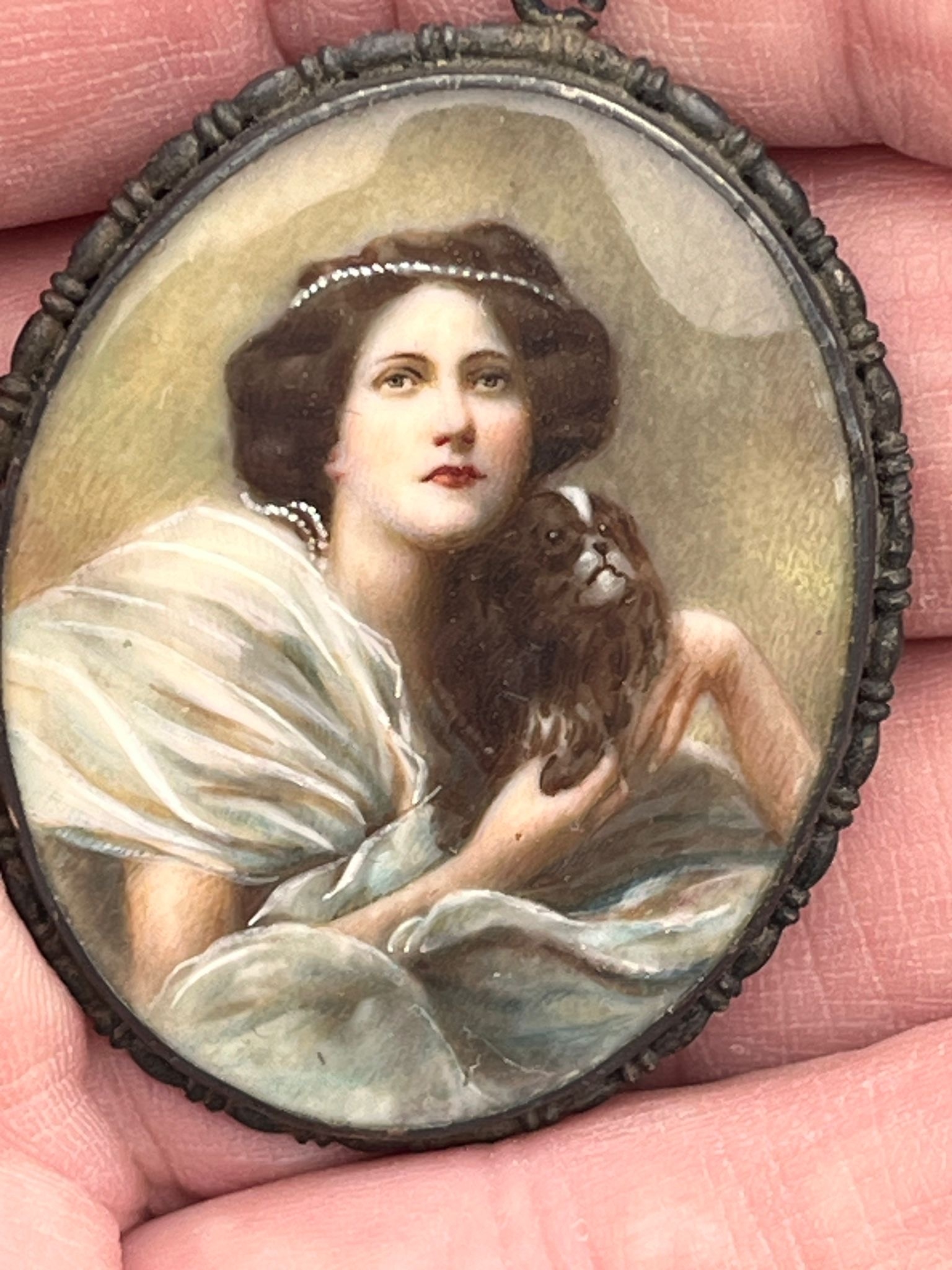 Fine antique portrait miniature painting of a lady with dog measures 3.6cm by 4.7cm