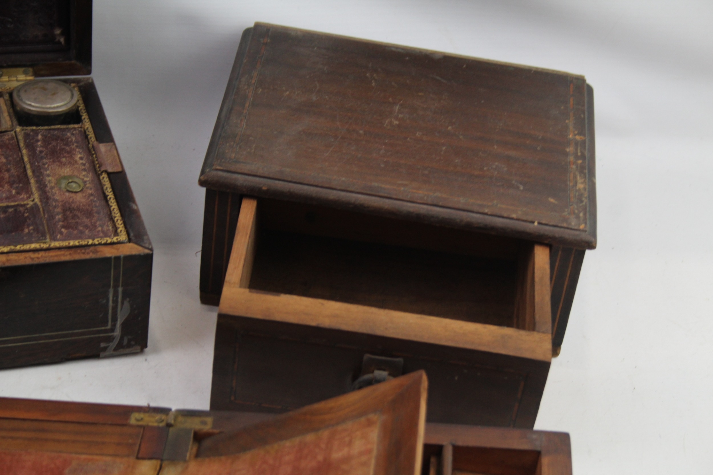 Wooden Box Job Lot Antique Writing Boxes Inlay Gilt Leather For Restoration x 3 - Bild 4 aus 8