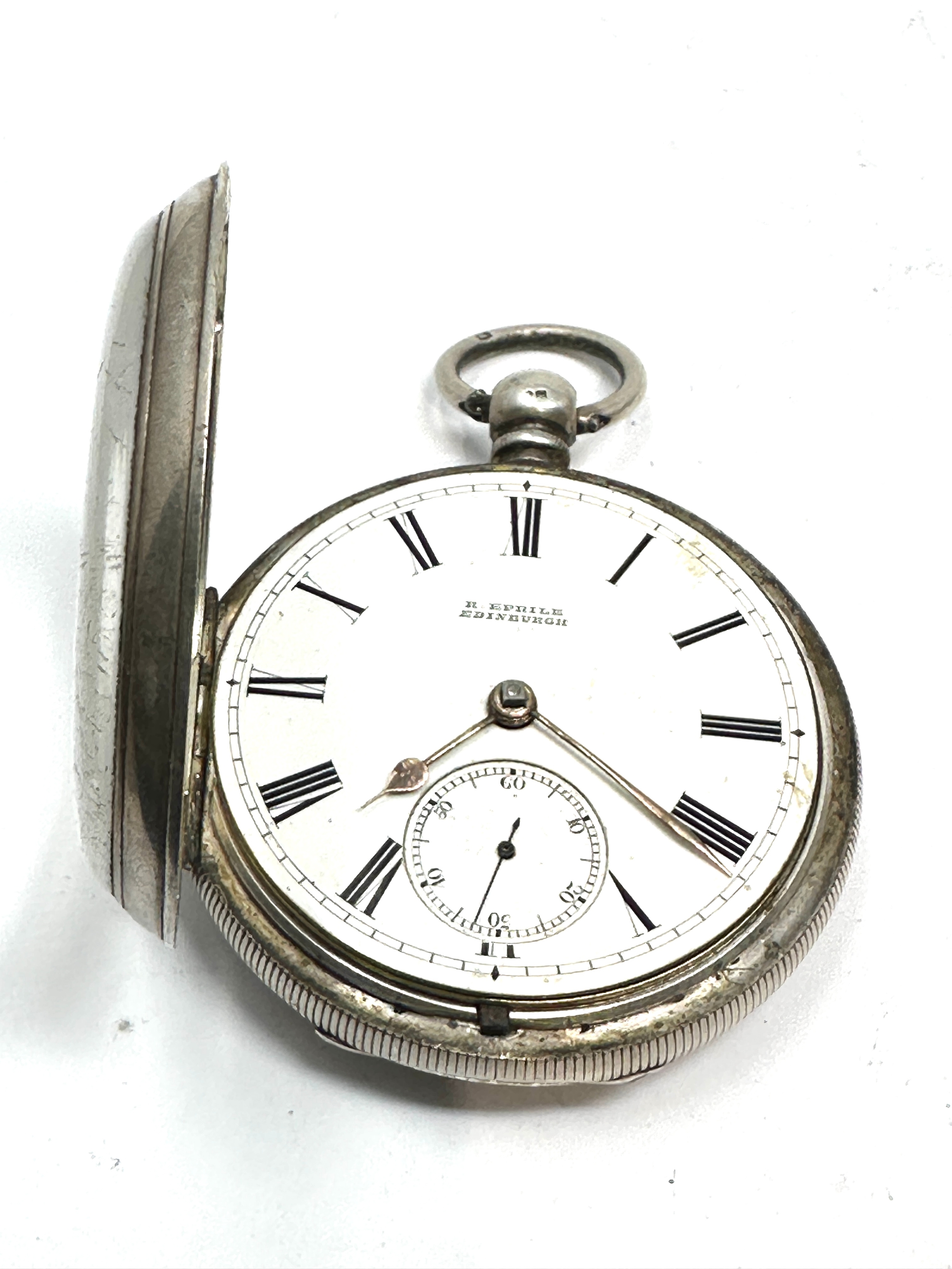 Large antique open face silver pocket watch r.Eprile Edinburgh the watch will tick when shaken but - Image 3 of 5