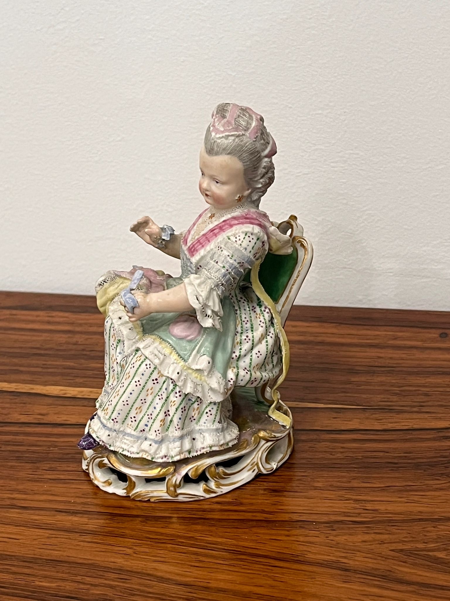Antique Meissen figure of a lady sitting on a chair 19th century height approx 13cm - Image 2 of 4