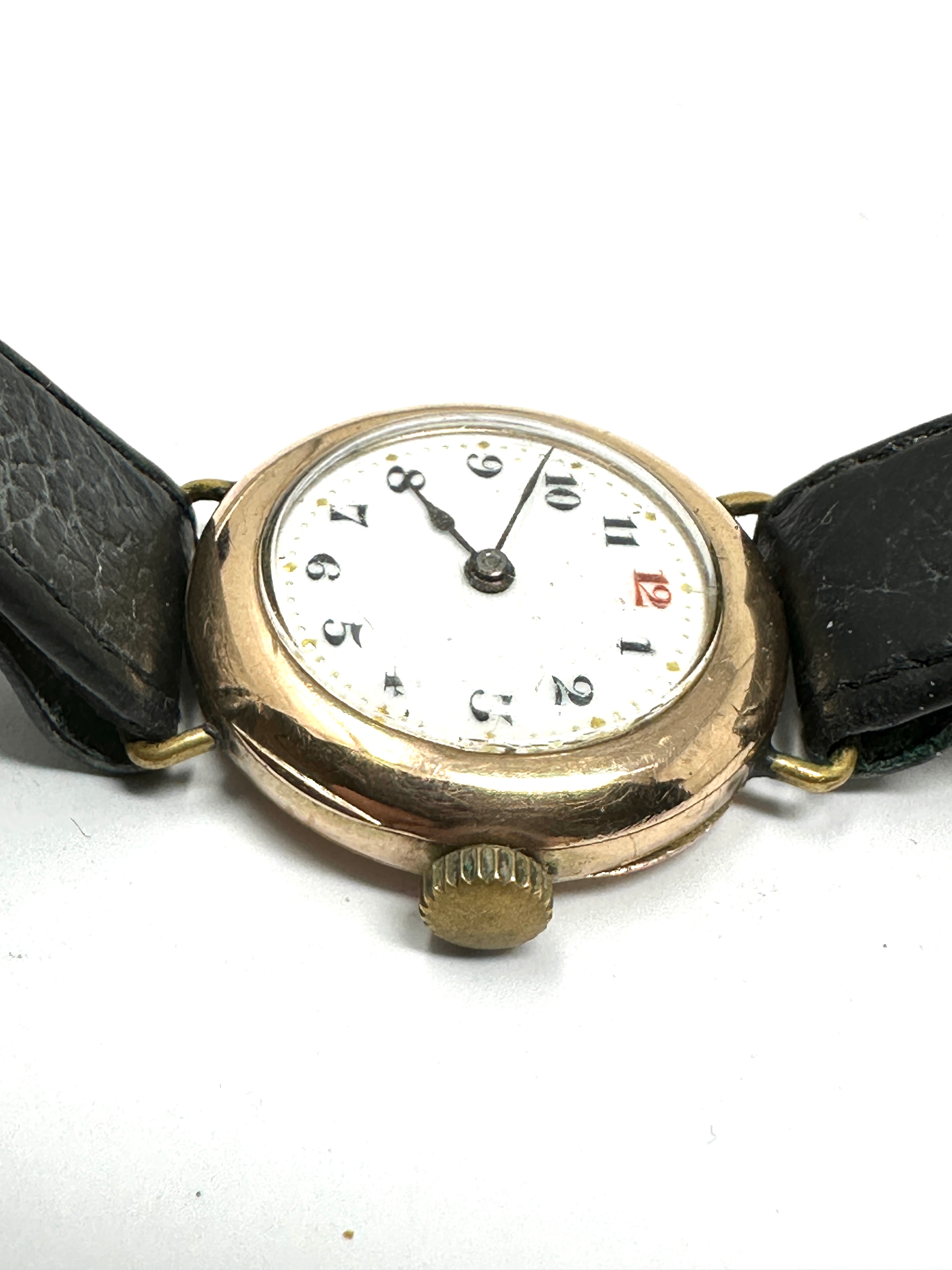 Antique 9ct gold ladies rolex wristwatch leather strap the watch is ticking - Image 2 of 6