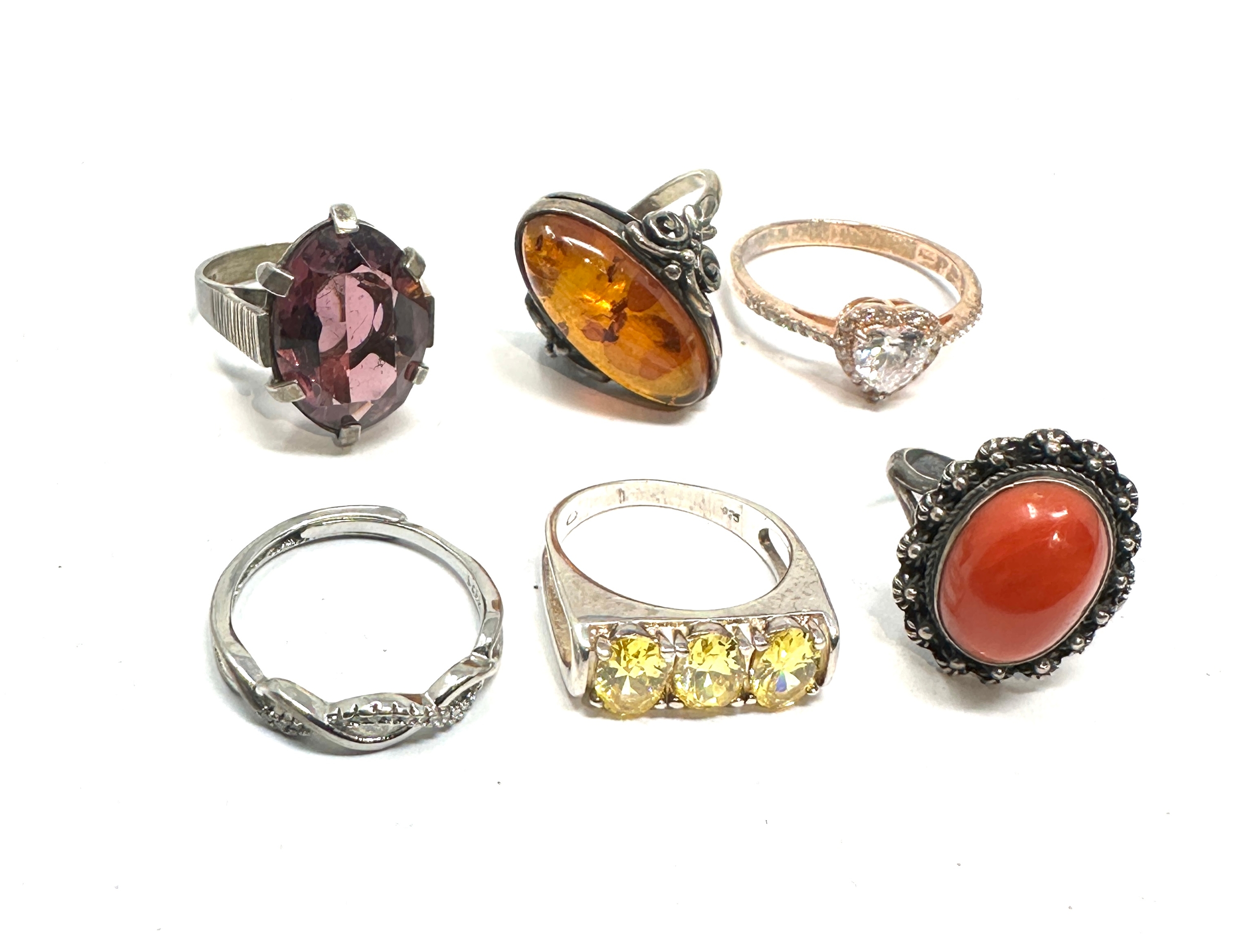 6 silver stone set rings inc coral amber etc