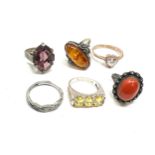 6 silver stone set rings inc coral amber etc