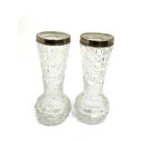 Pair of silver rimmed cut glass vases each measure approx height 17cm London silver hallmarks