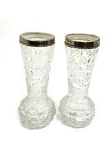 Pair of silver rimmed cut glass vases each measure approx height 17cm London silver hallmarks