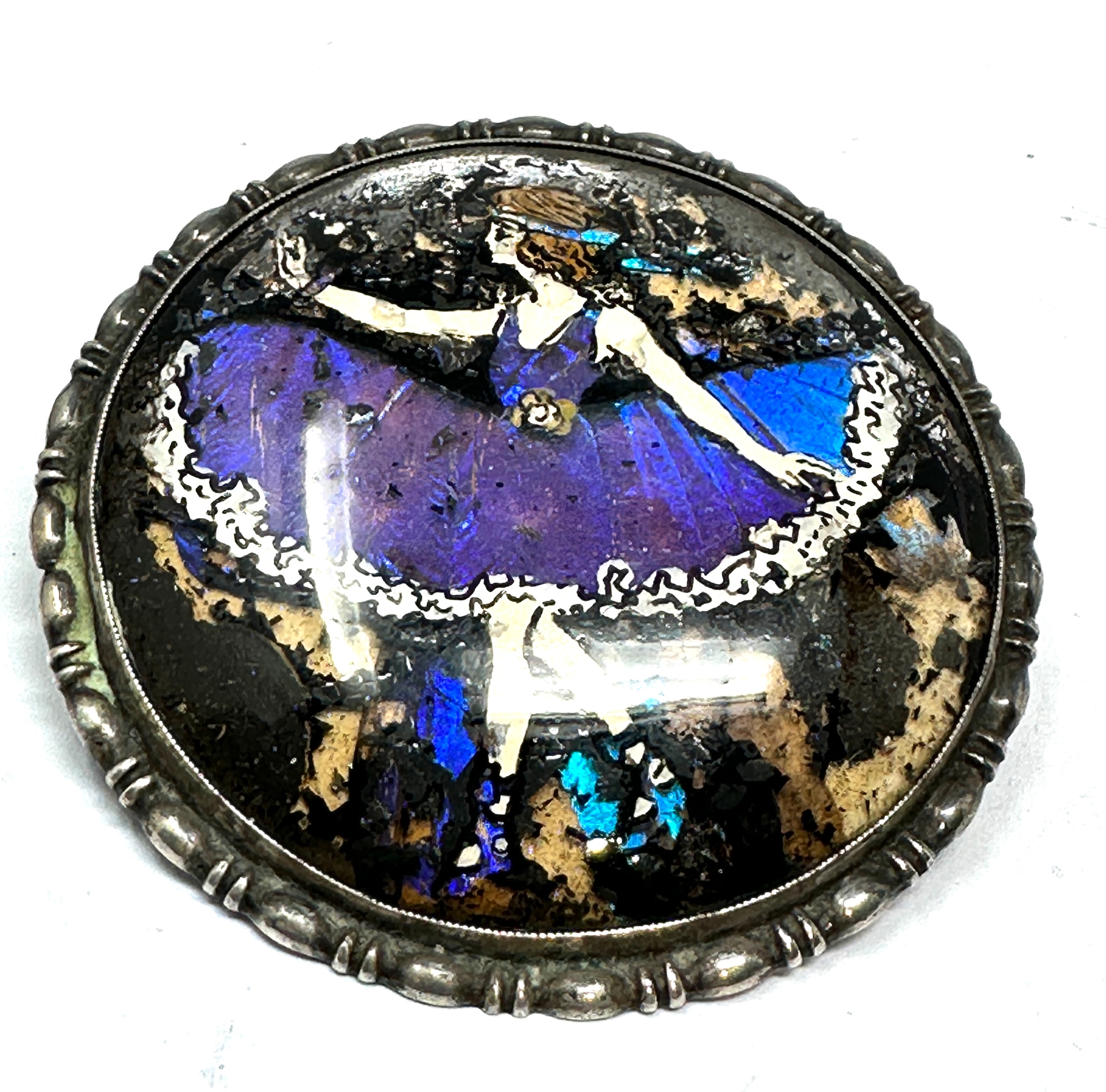 large antique silver & butterfly wing dancing girl pendant / brooch measures approx 6cm dia - Image 6 of 6