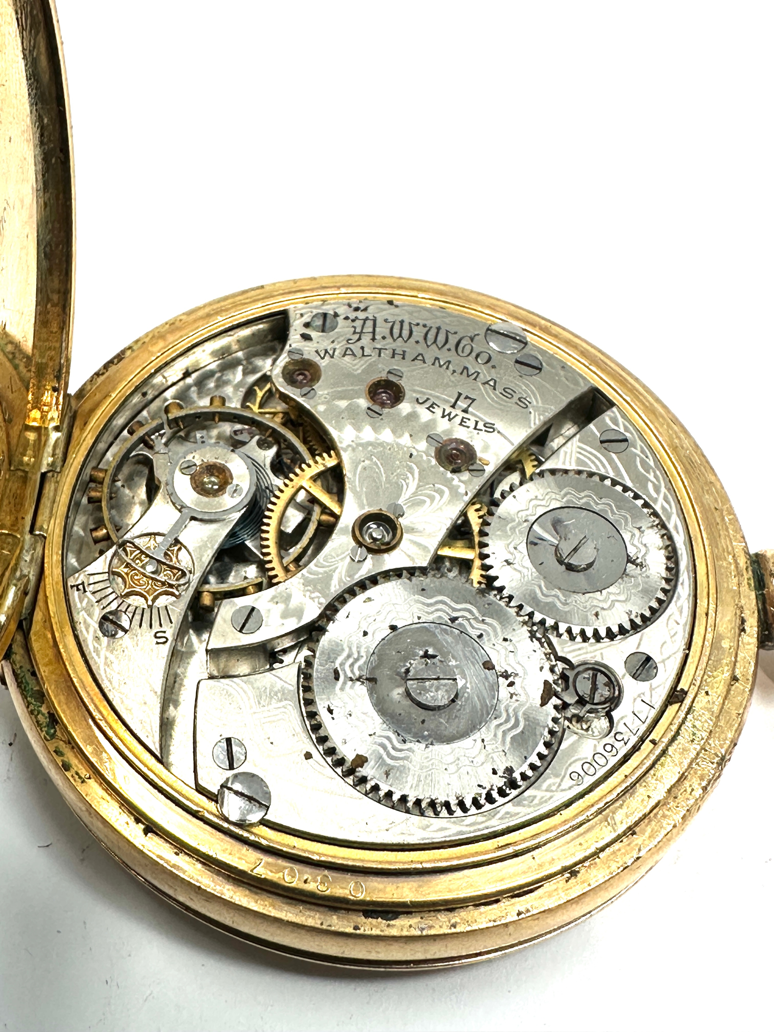 14ct gold plated waltham mass full hunter pocket watch the watch will tick when shaken but stops the - Image 3 of 4