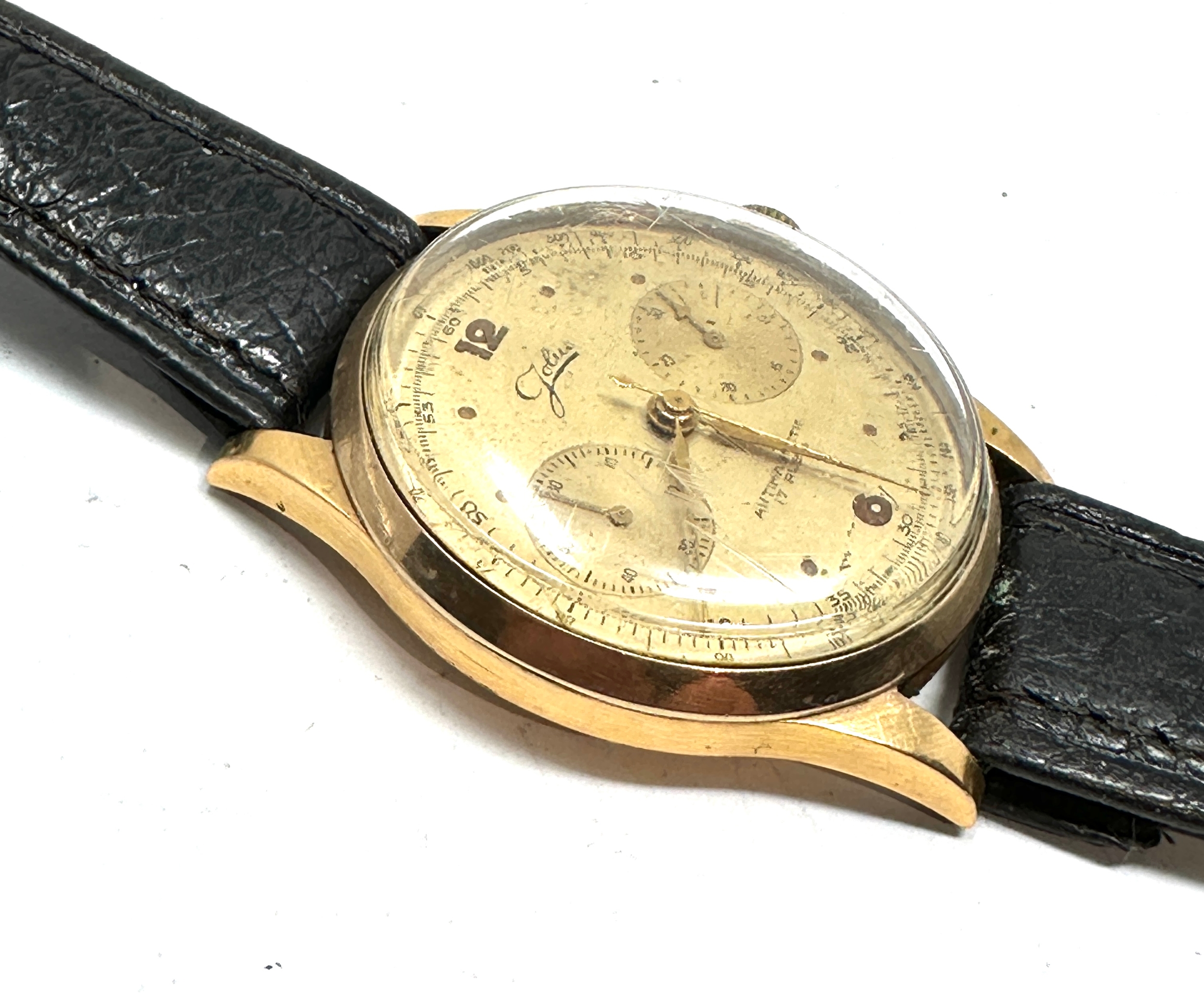 vintage 18ct gold chronograph jolus gents wristwatch the watch is ticking centre second hand in - Image 3 of 4