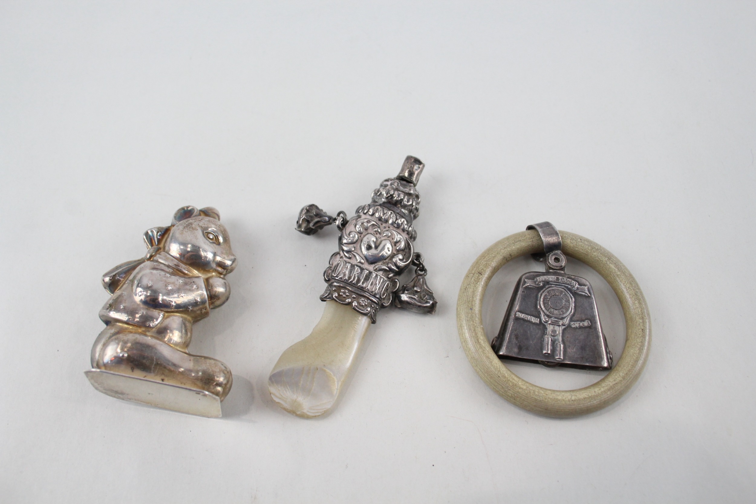 3 x .925 sterling baby rattles / whistles inc ivorine etc