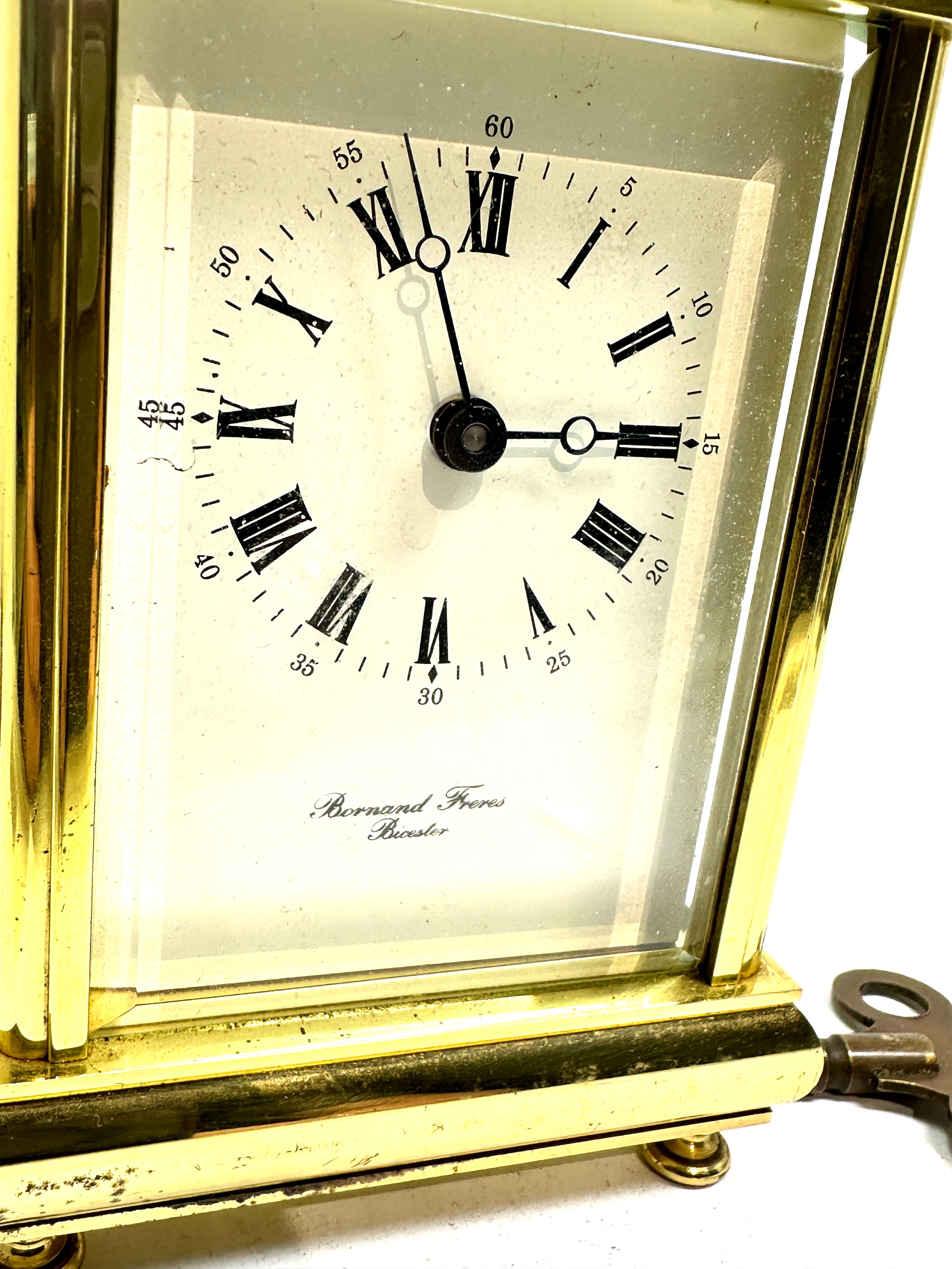 Brass carriage clock & key by bornand freres bicester clock ticks but stops - Image 5 of 5