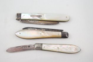 3 x .925 sterling silver fruit knives w/ mop handled