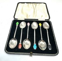 Boxed set of silver & enamel tea spoons birmingham silver hallmarks in good condition