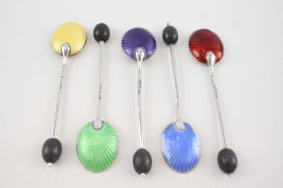 5 x .925 sterling silver coffee bean spoons w/ guilloche enamel