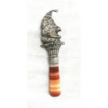 Antique Mr Punch sterling silver babies rattle with agate handle early 1900s length 14cm