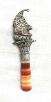 Antique Mr Punch sterling silver babies rattle with agate handle early 1900s length 14cm