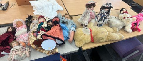 Large selection of assorted dolls and teddies includes porcelain collectors dolls etc