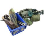 Selection of fishing equipment items to include nets, stands, sleeping bags, chair etc