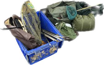 Selection of fishing equipment items to include nets, stands, sleeping bags, chair etc