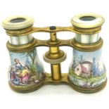 A pair of French gilt-brass and enamel opera glasses, late 19th century, with mother-of-pearl