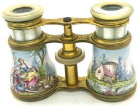 A pair of French gilt-brass and enamel opera glasses, late 19th century, with mother-of-pearl