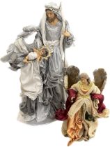 Tall religious scene depicting Joseph, Mary and Jesus, angel, tallest measures approximately