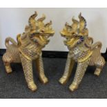 Pair large decorative wooden foo dogs with glass and sequin decoration, approximate measurements: