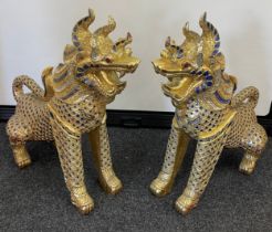 Pair large decorative wooden foo dogs with glass and sequin decoration, approximate measurements: