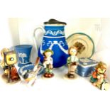 Selection Jasperware, goebel figures and a lidded vintage blue and white water jug