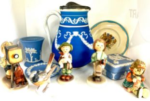 Selection Jasperware, goebel figures and a lidded vintage blue and white water jug
