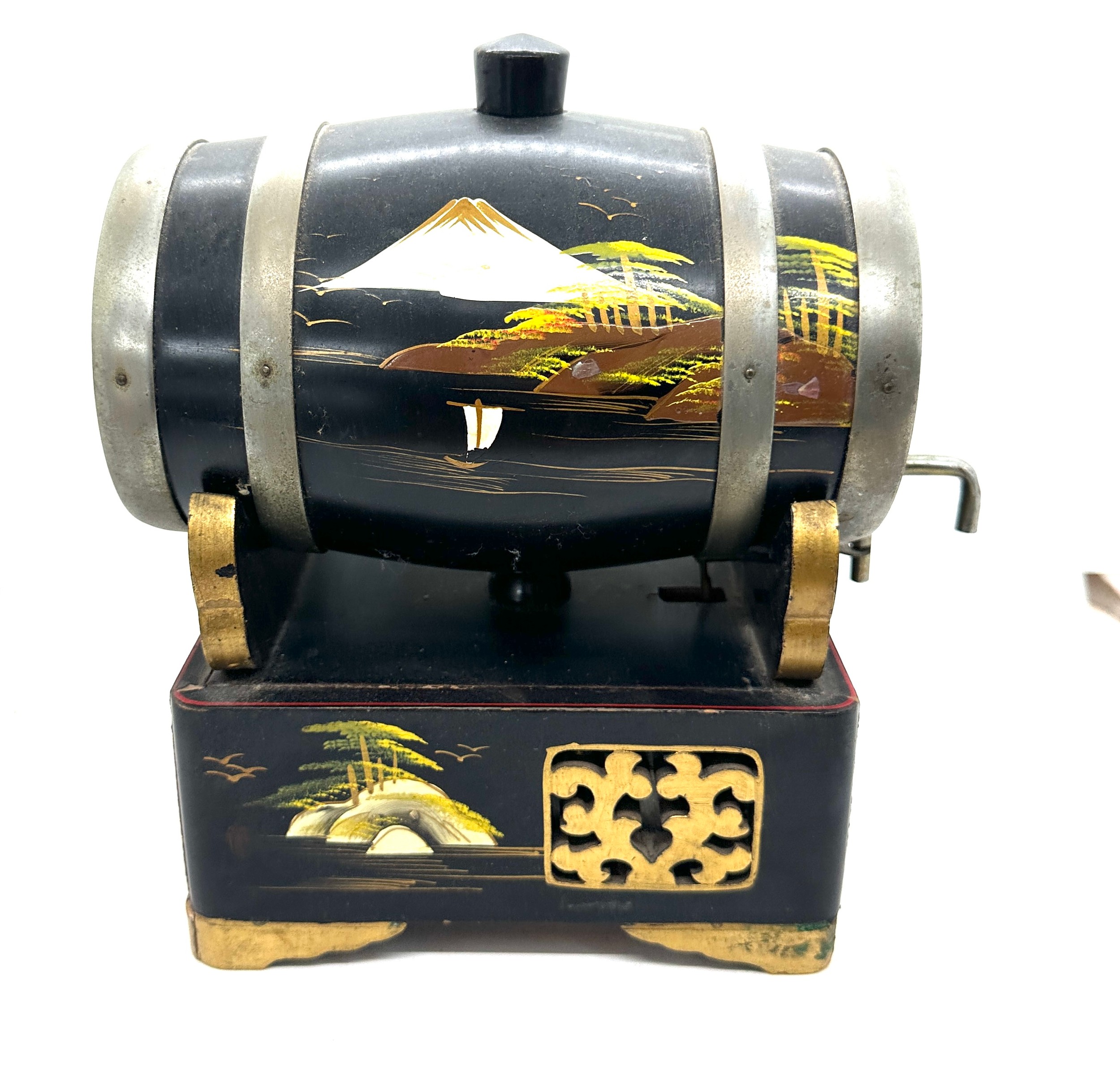 Oriental black lacquer hand painted barrel on stand - Image 4 of 4