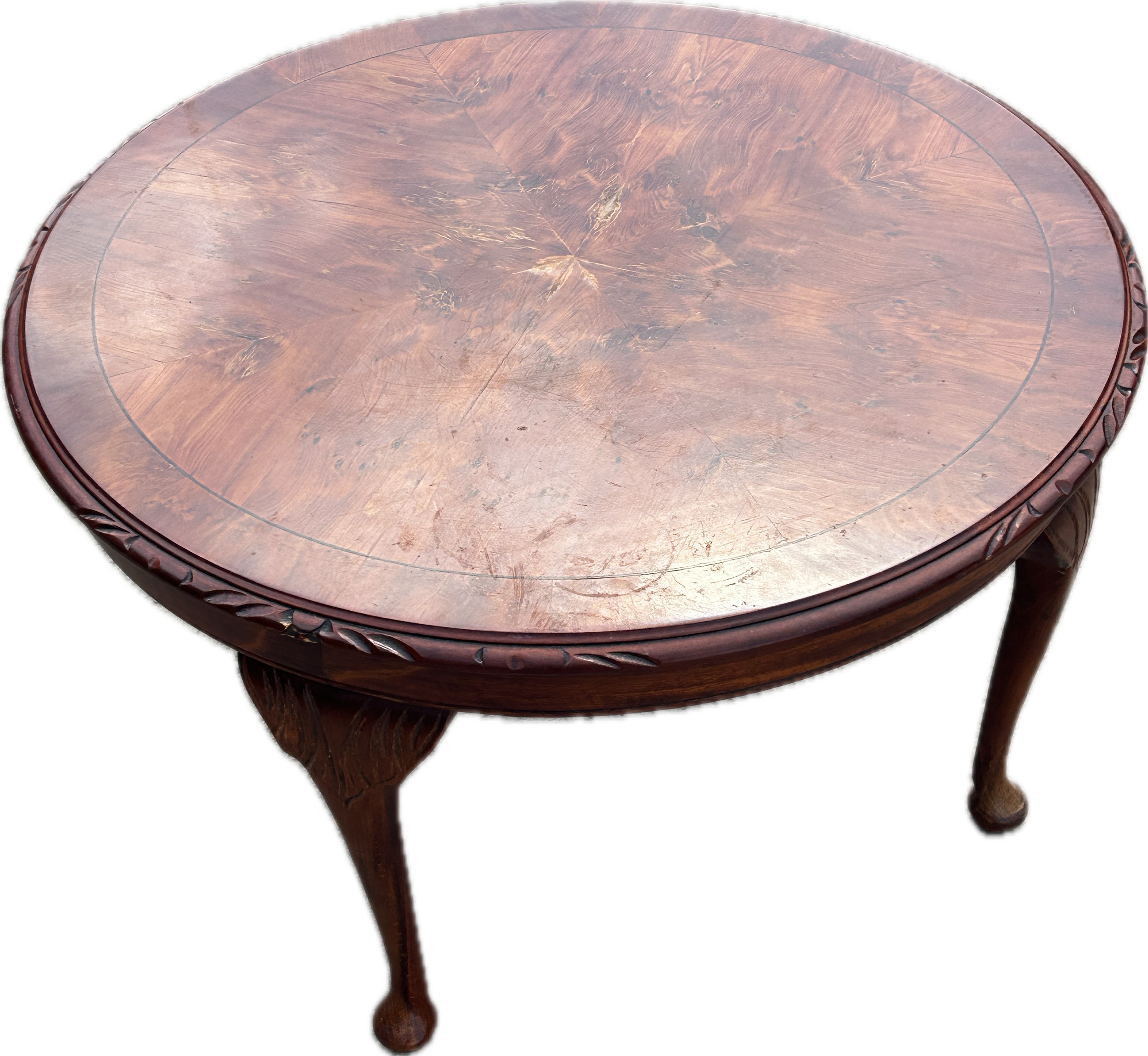 Walnut circular coffee table, height 17 inches, diameter 30 inches