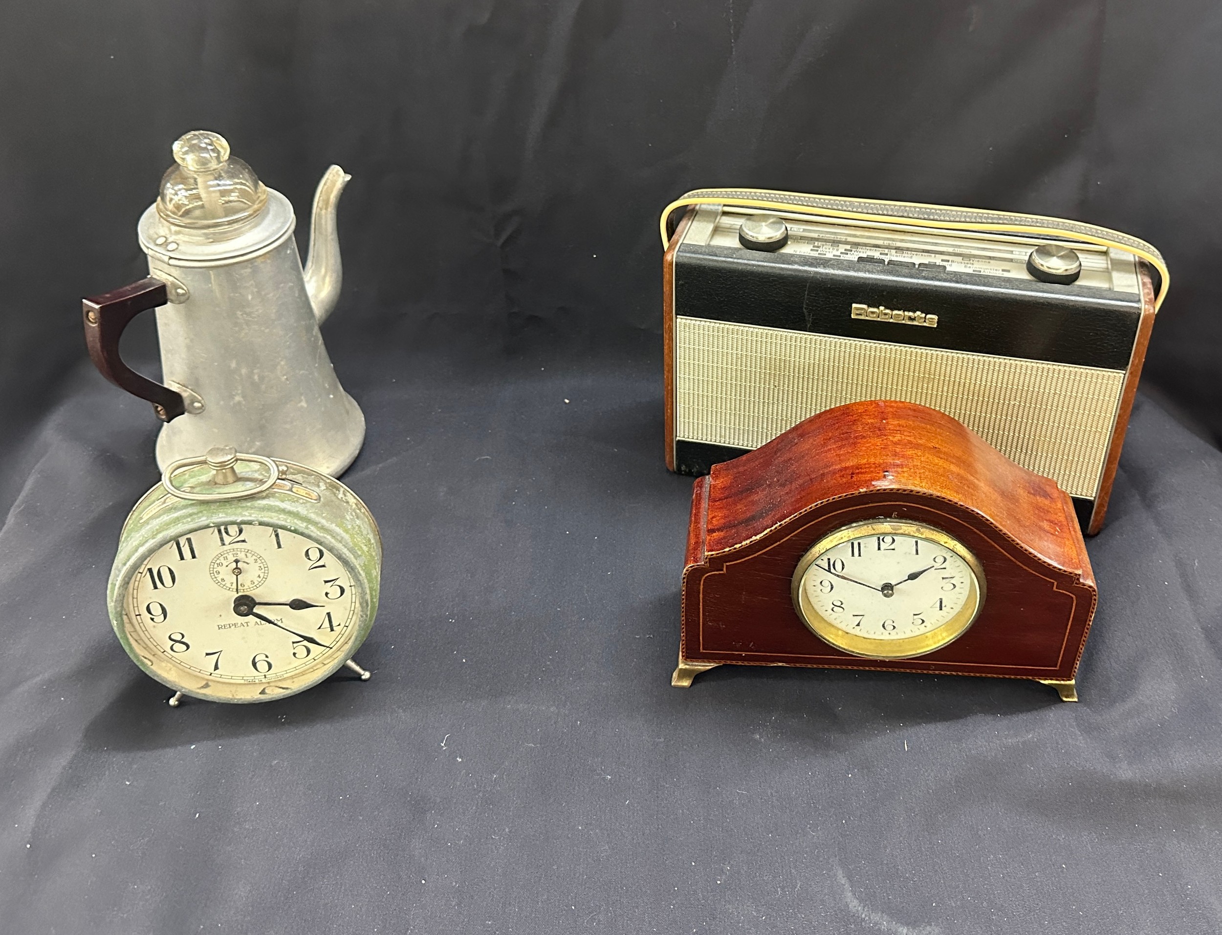 Selection of three vintage clocks, includes alarm clock and mahogany mantle clock