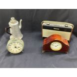 Selection of three vintage clocks, includes alarm clock and mahogany mantle clock