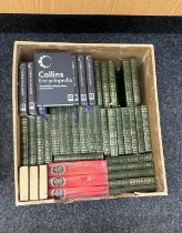 Selection of Charles Dickens leather bound books and Collins Encyclopedia's