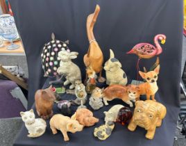 Selection of assorted animal figures includes wooden, metal, porcelain etc