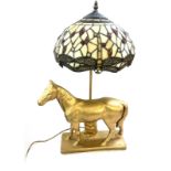 Resin table lamp depicting a horse, tiffany style shade, working order, in need of replacement plug,