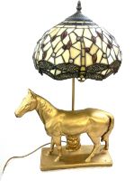 Resin table lamp depicting a horse, tiffany style shade, working order, in need of replacement plug,