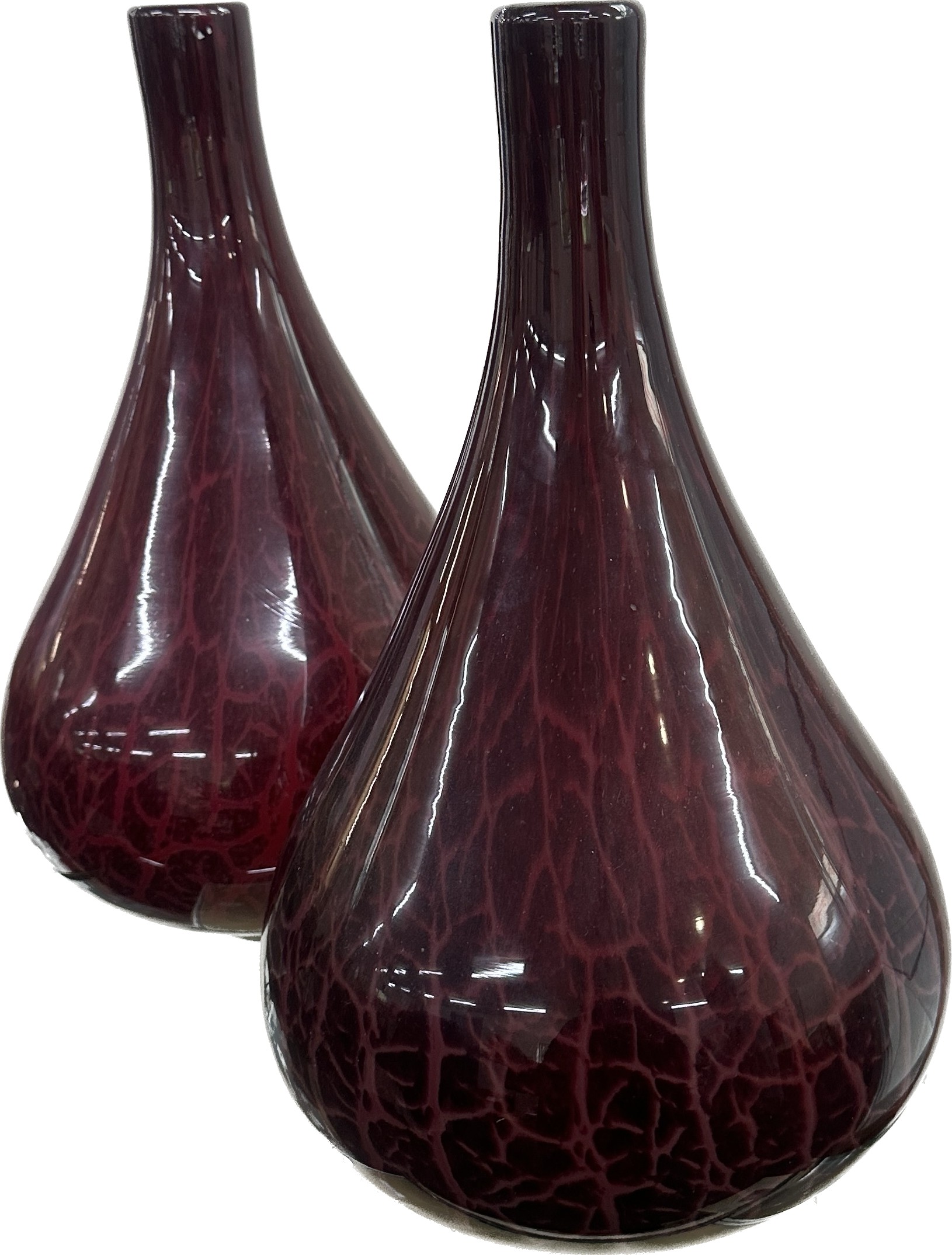 Pair decorative Burgundy glass tear drop vases, both in overall good condition, approximate height - Image 2 of 4