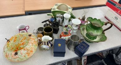 Selection of collectables includes glass shade, jug and bowl, cork screws etc