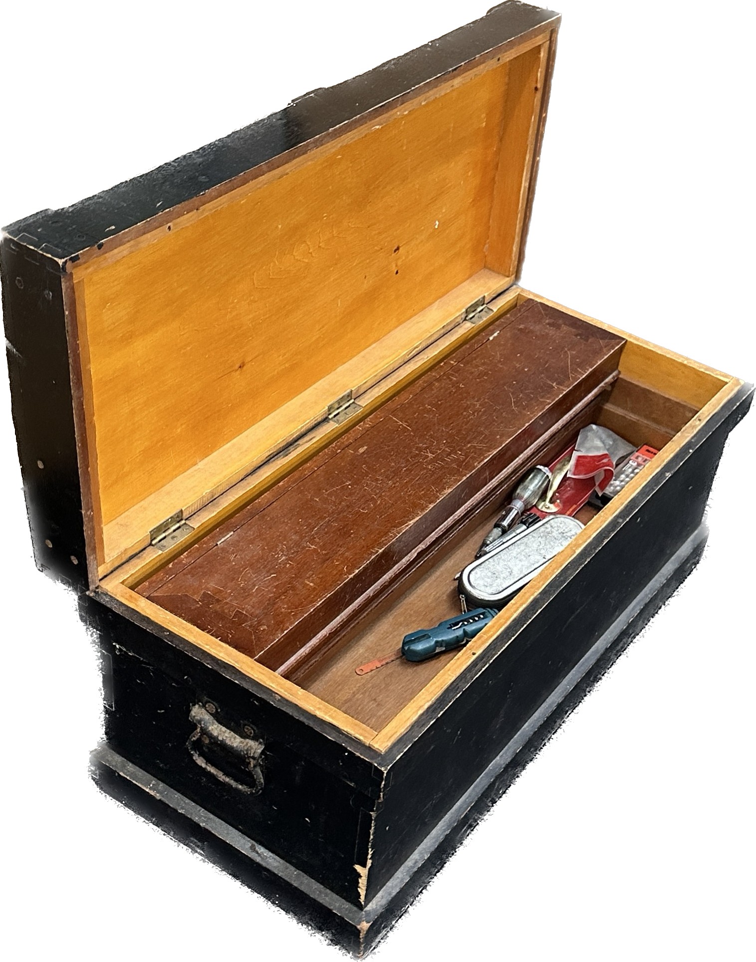 Vintage tool box with contents to include chisels, screw drivers, drill brace etc measures approx 33