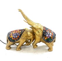 Decorative table lamp depicting pair elephants with mosaic backs, working order, approximate