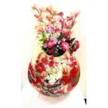 Large decorative oriental design vase with flowers, height of vase 23 inches, width 25 inches