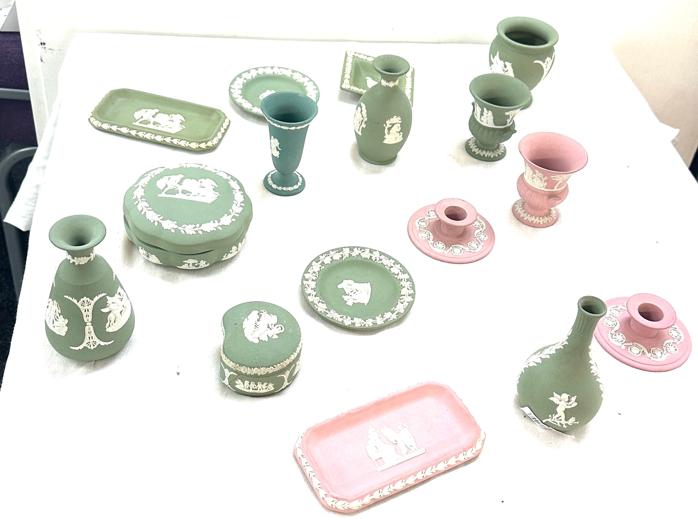 Selection of Wedgwood Jasperware to include vases, candle sticks, trinkets etc