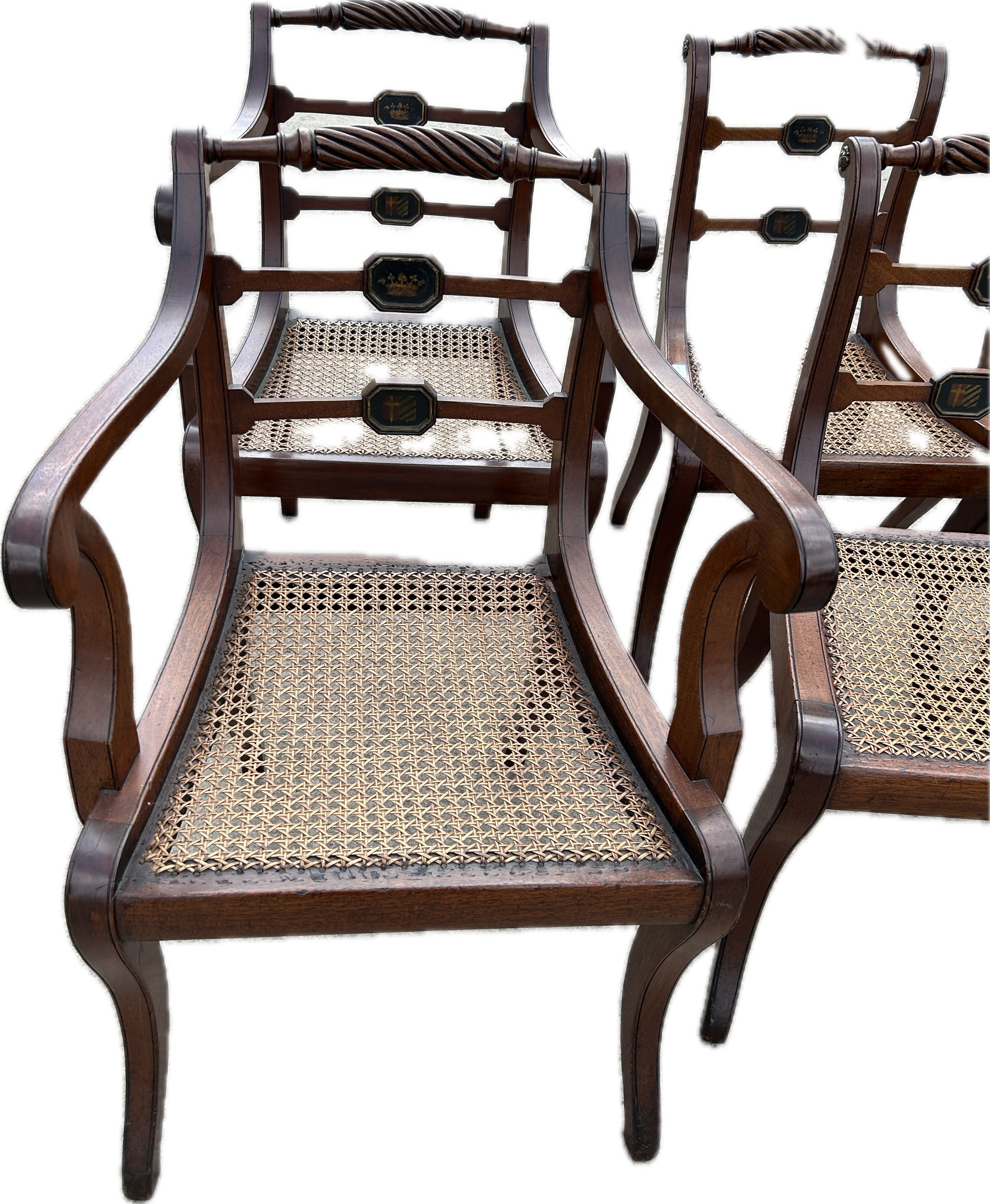 Six antique mahogany dining chairs to include 2 carvers, armorial crest to backs - Image 3 of 4