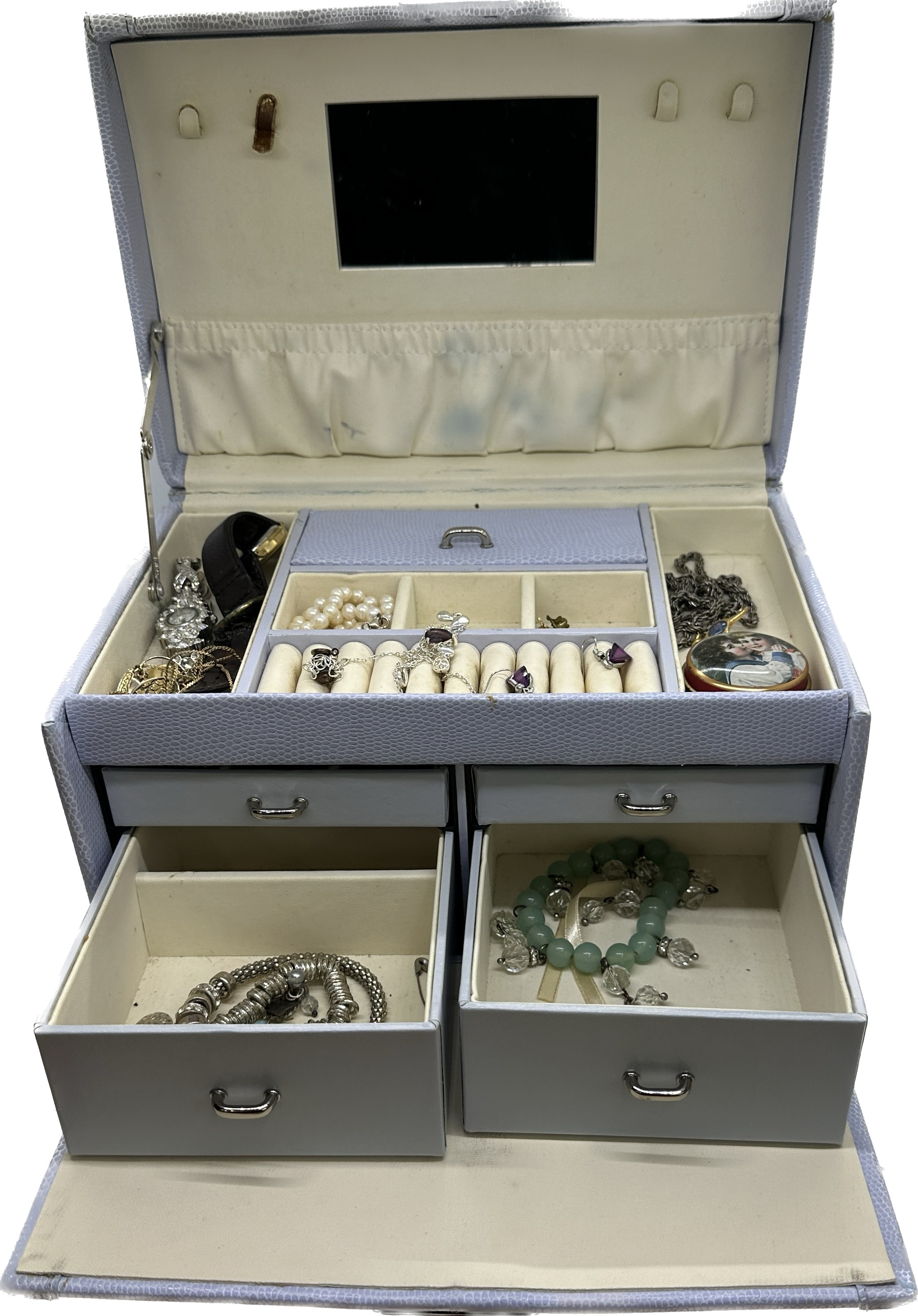 Jewellery box containing a selection of assorted costume jewellery to include watches, earrings etc